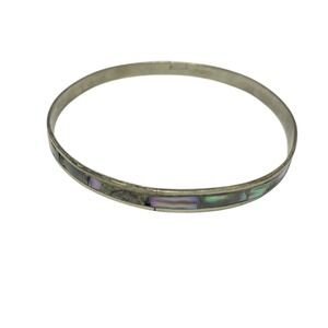 Vintage Alpaca Silver Abalone Inlay Round Bangle Bracelet